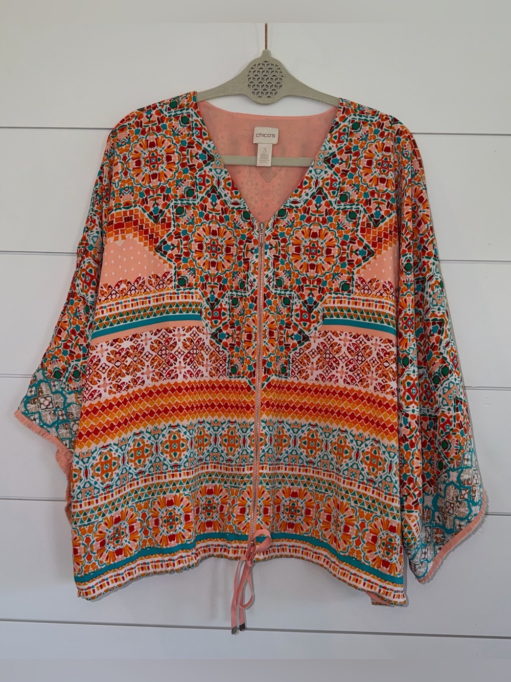 Chicos Size 3 (XL/16) Mosaic Tile Print Zip Jacket Kimono Boho Flowy Blouse Top
